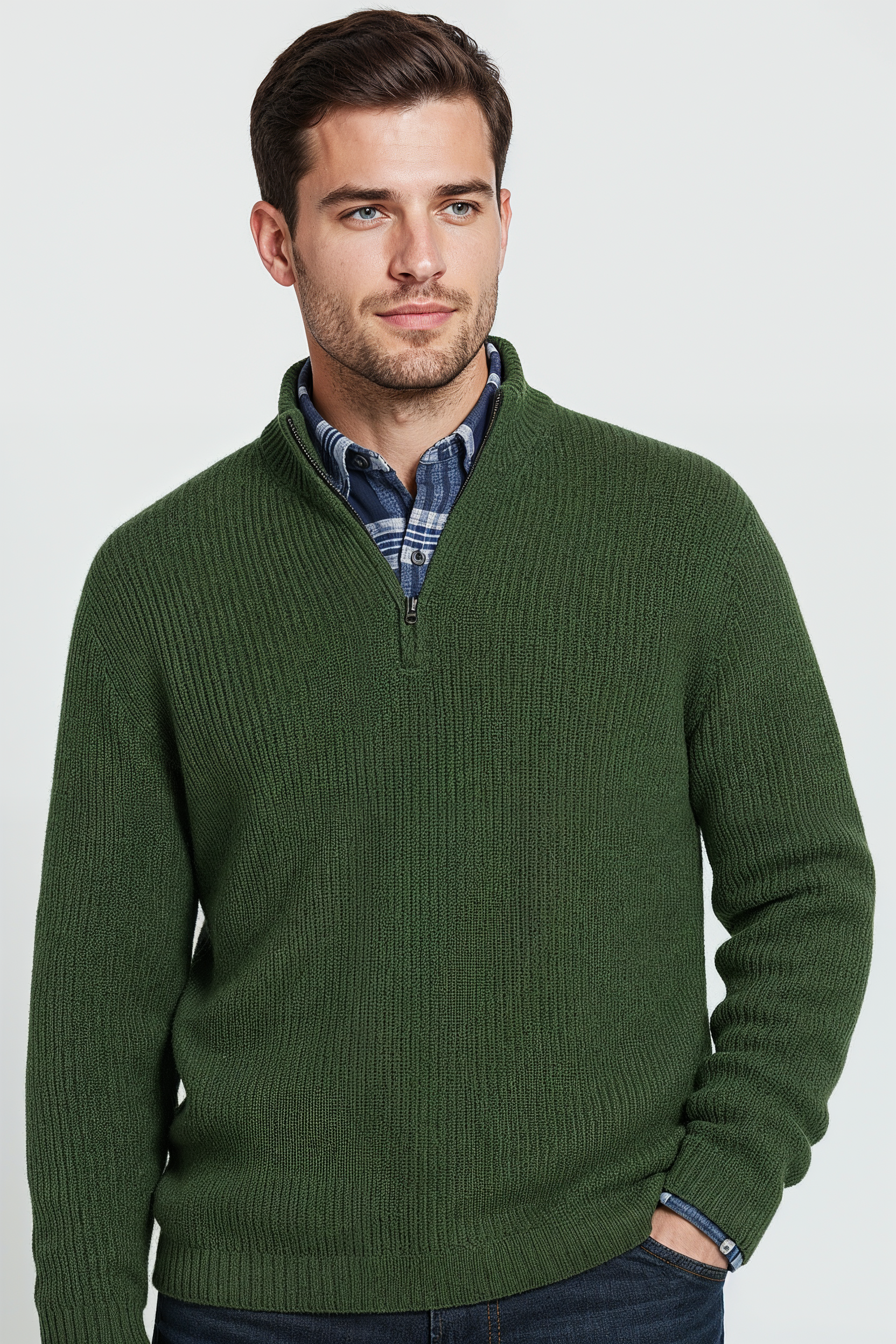 Striktrøje Med Half Zip - Mørkegrøn 1.1