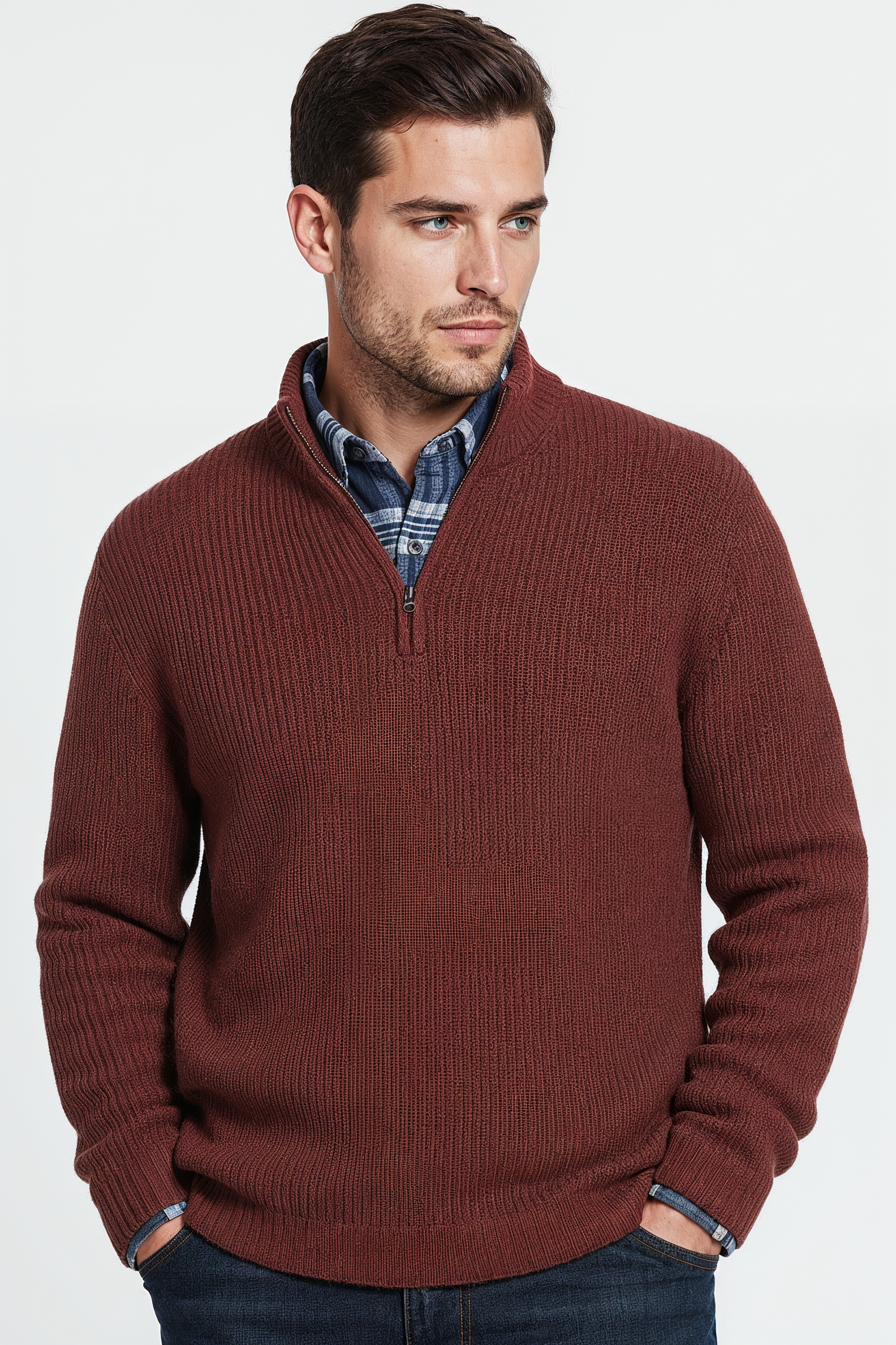 Striktrøje Med Half Zip - Mørkerød 1.1