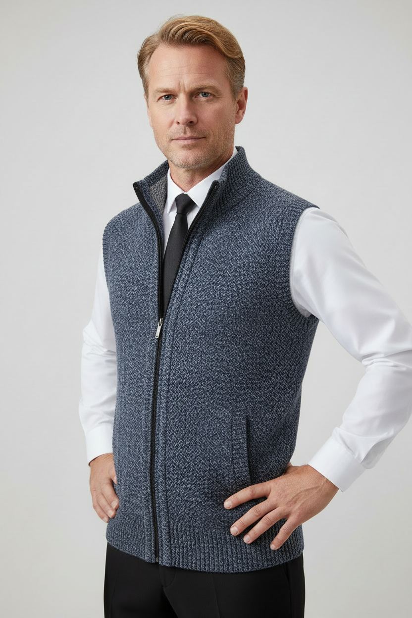 Vest Herre | Uldblanding med Lynlås - Støvet Blågrå 1.0