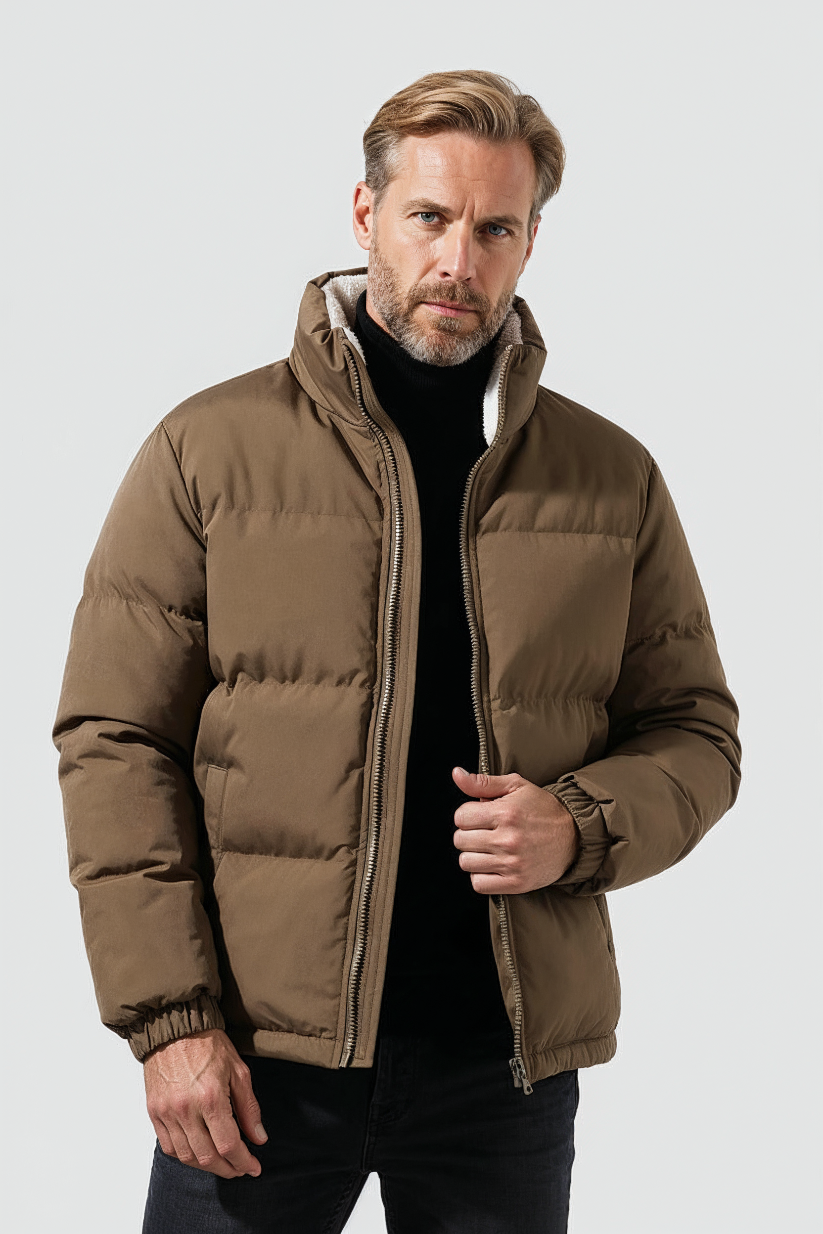 Vinterjakke Herre | Foret med Lynlås og Ståkrave - Brun 1.0