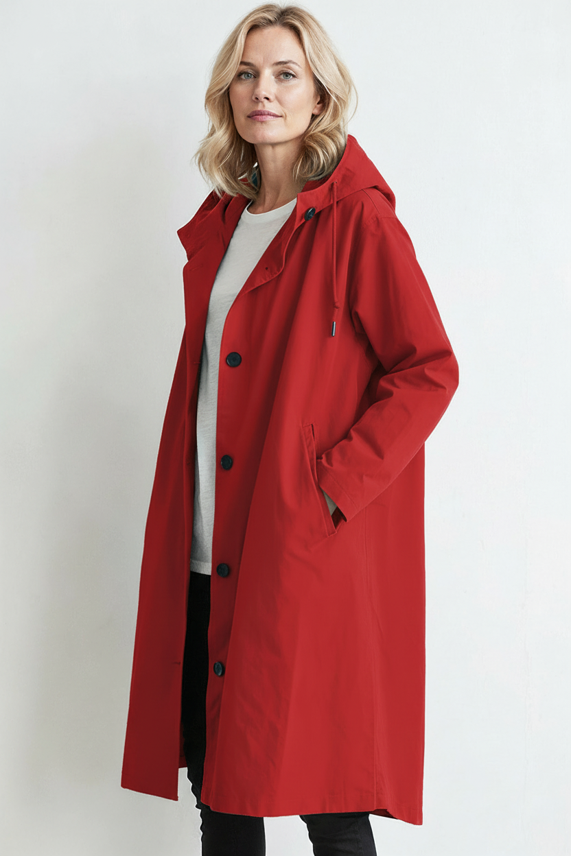 Regnjakke Dame | Lang med Hætte og Knapper