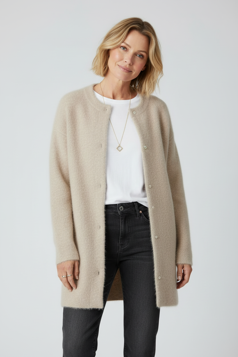 Cardigan Dame | Lang med Knapper - Beige 1.0