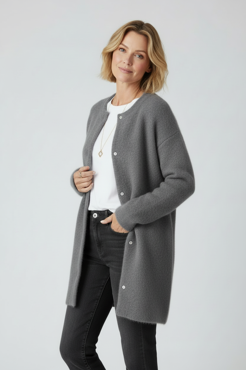 Cardigan Dame | Lang med Knapper - Grå 1.0