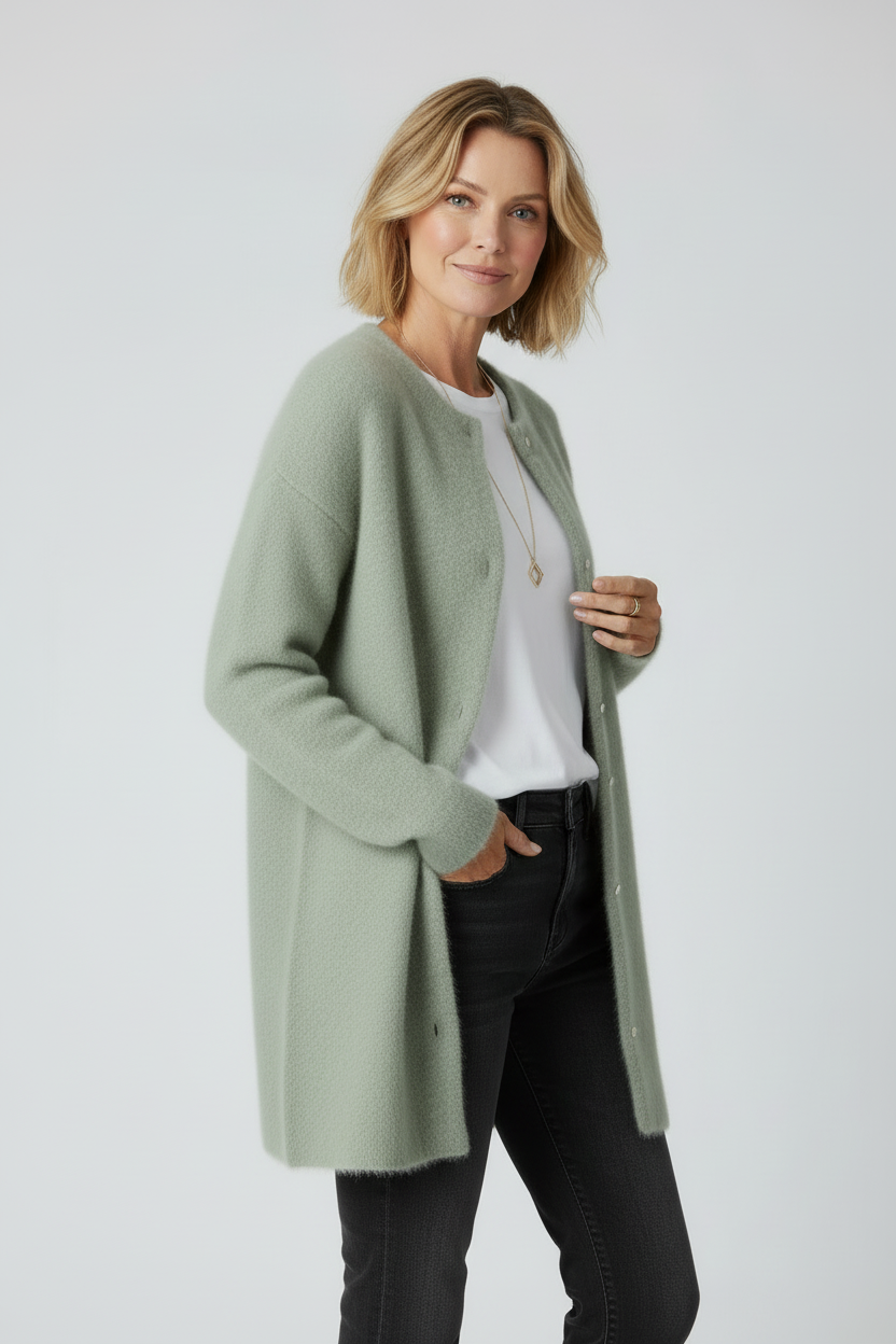 Cardigan Dame | Lang med Knapper - Lysegrøn 1.0