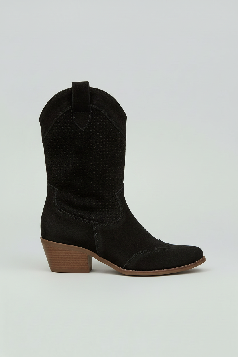 Cowboystøvler Dame | Perforeret Skaft & Lynlås - Sort