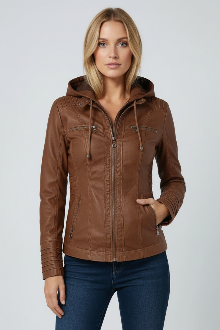 Jakke Dame | Læderlook med Hætte - Brun 3.0