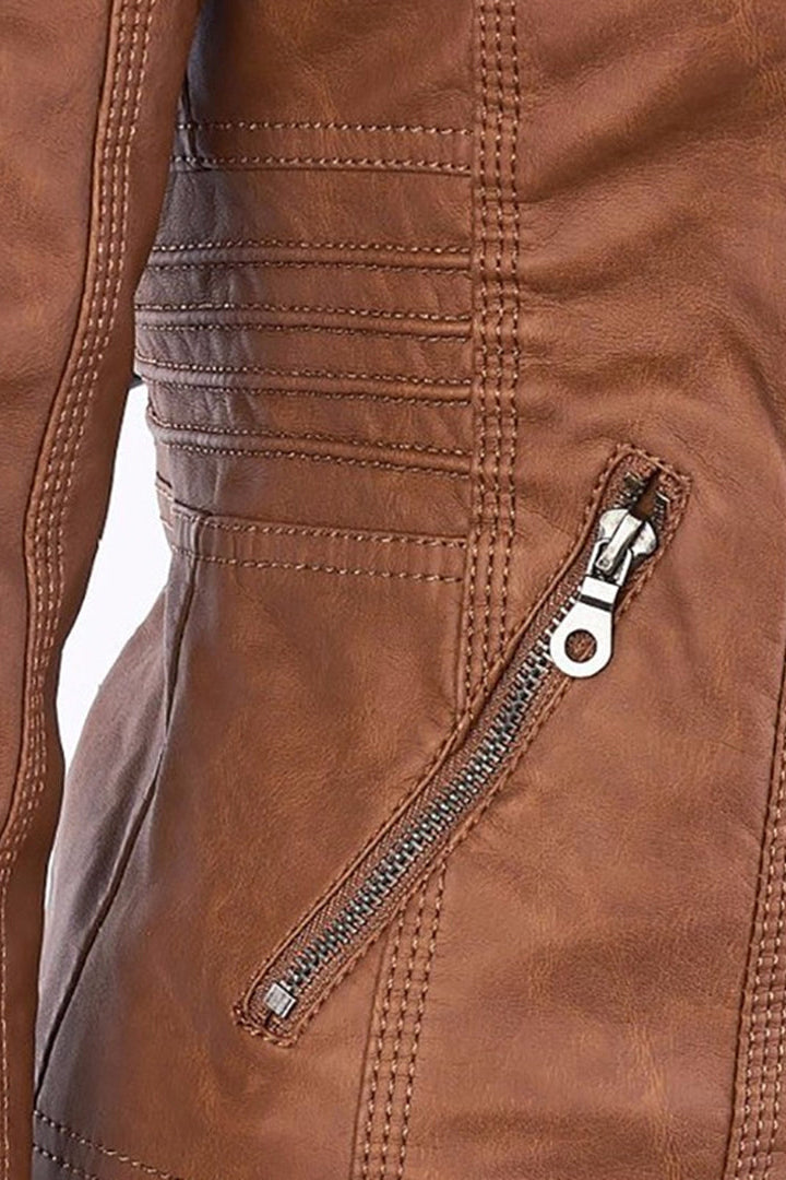 Jakke Dame | Læderlook med Hætte - Brun 4.0