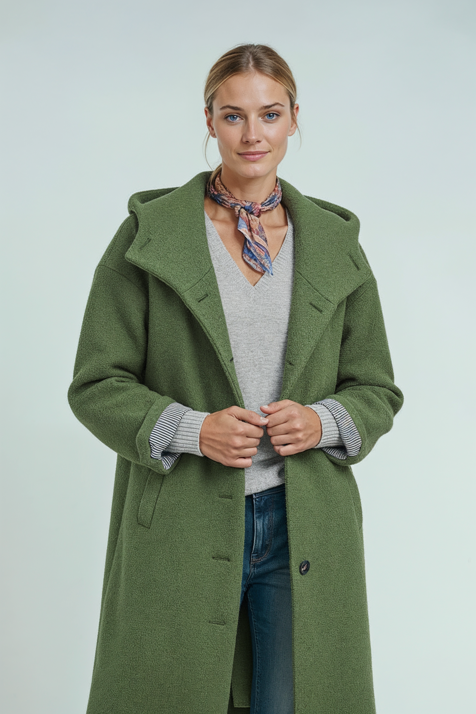 Jakke Dame | Lang med Hætte og Knaplukning - Grøn