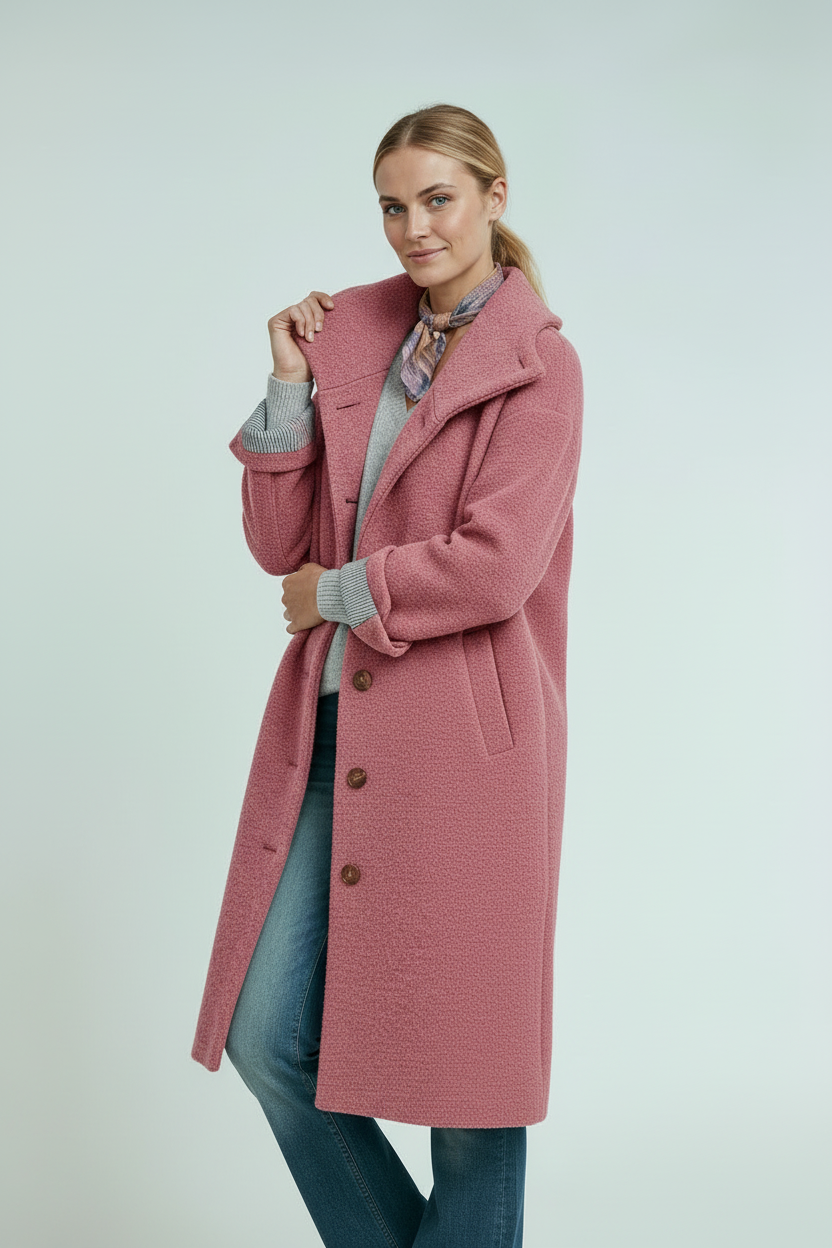 Jakke Dame | Lang med Hætte og Knaplukning - Rosa 3/0