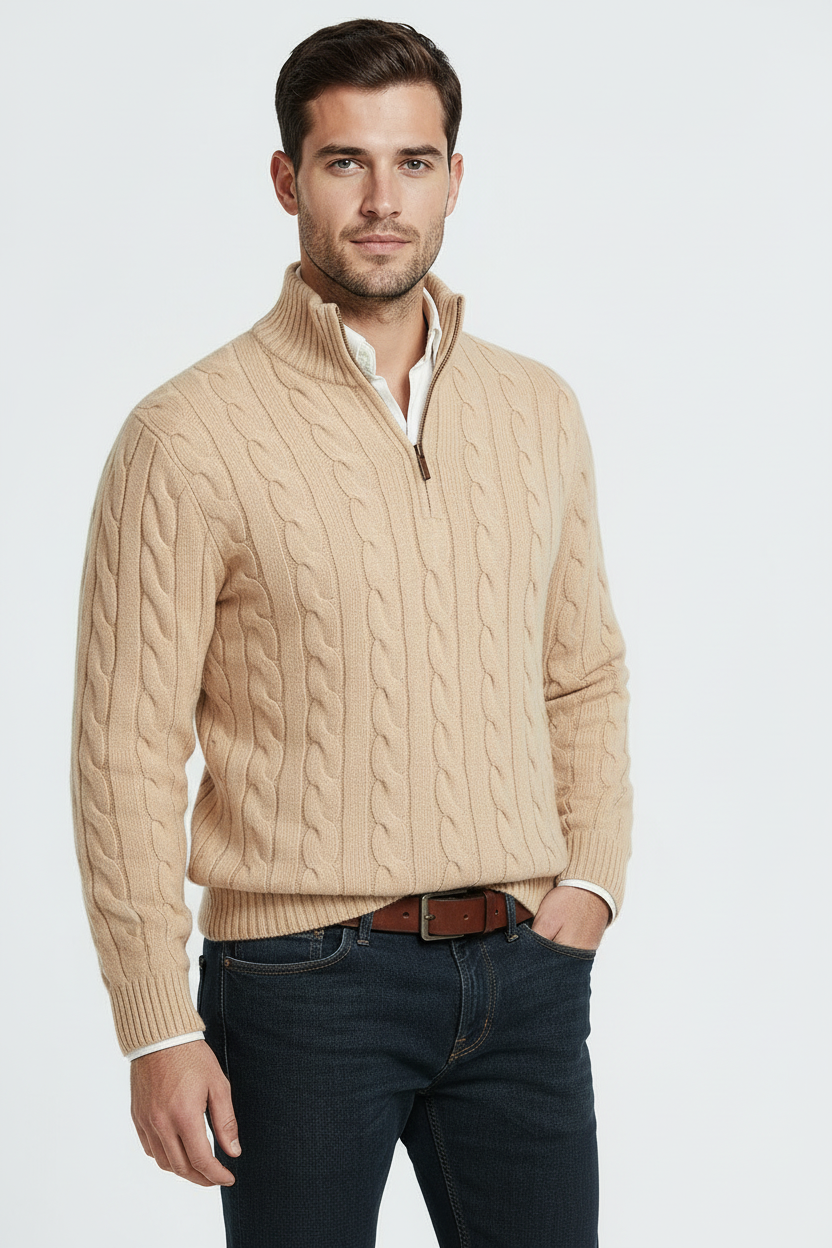 Kabel Striktrøje Med Half Zip - Abrikos 1.1