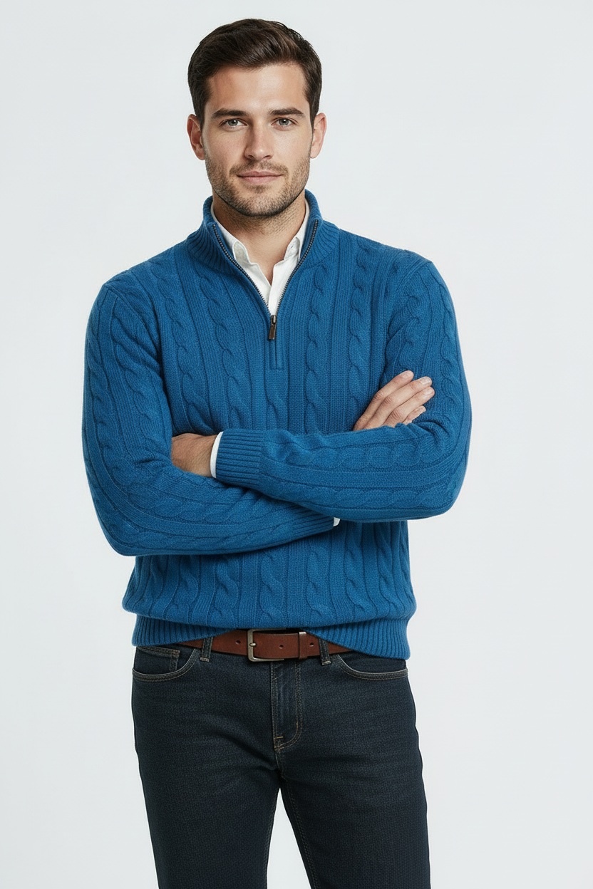 Kabel Striktrøje Med Half Zip - Kongeblå 1.1