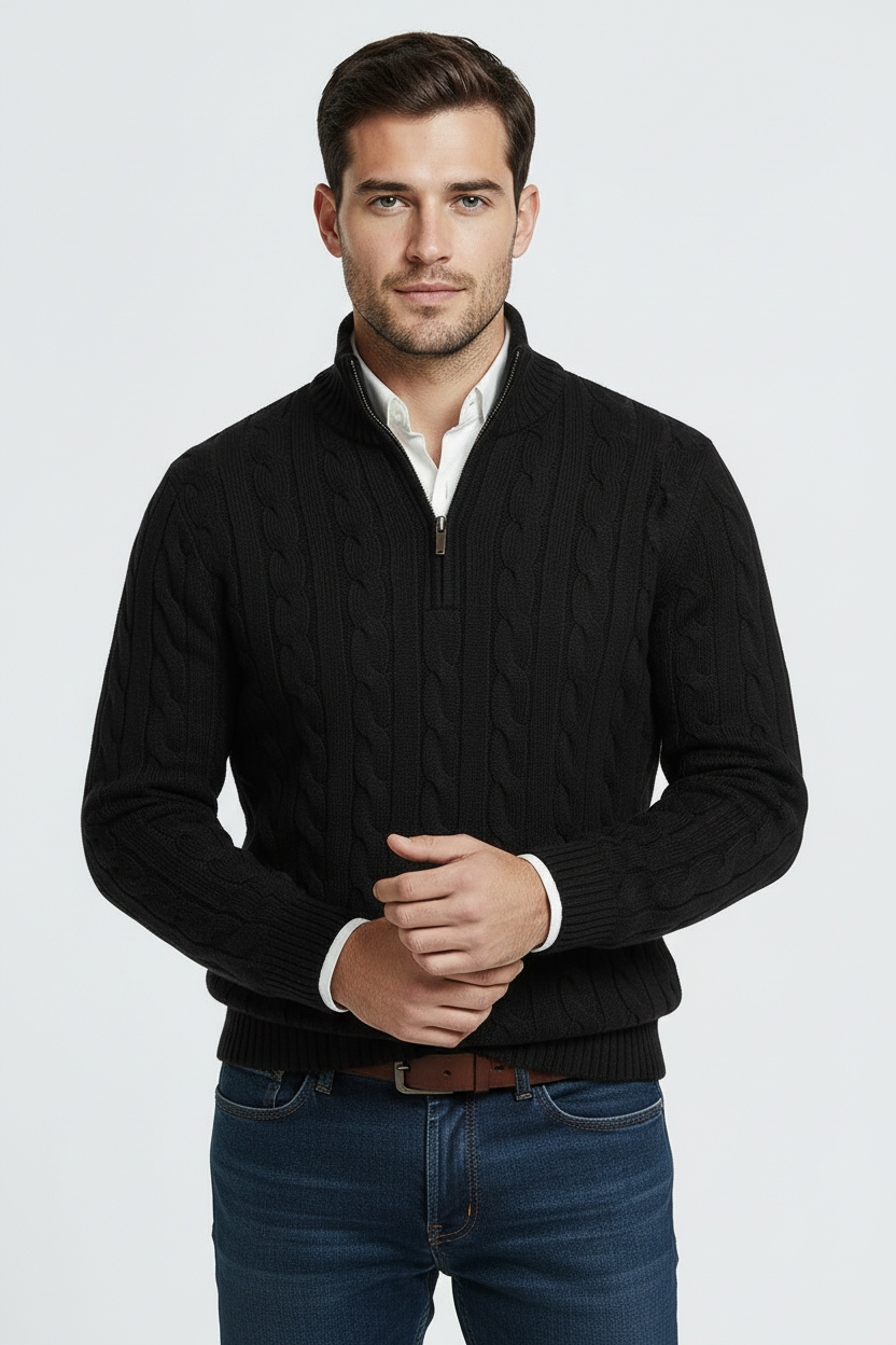 Kabel Striktrøje Med Half Zip - Sort 1.1