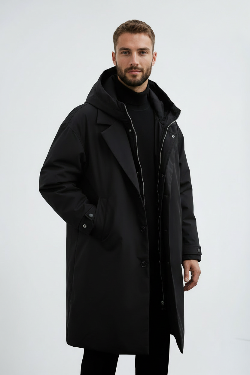 Lang Parka Herre | Vandafvisende Hætte - Sort 1.0