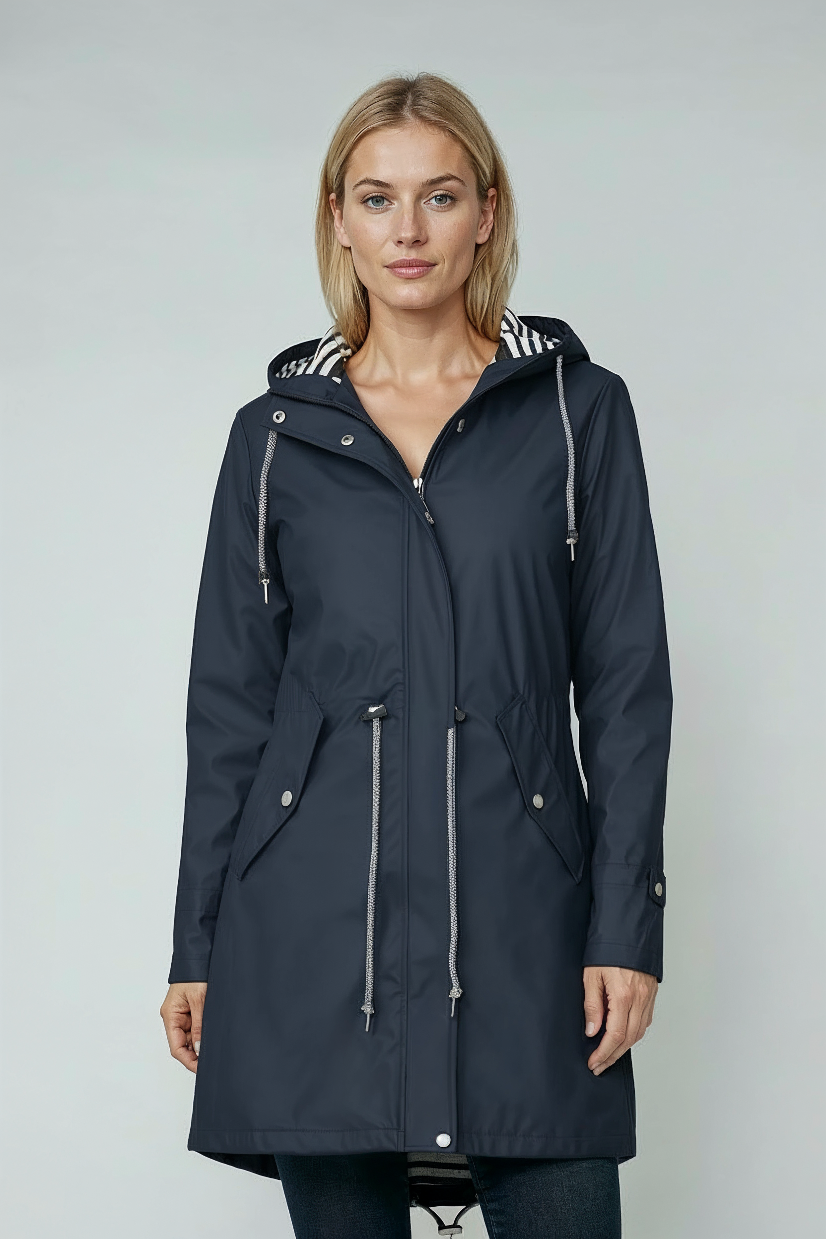 Lang Regnjakke Dame | Hætte & Lynlås - Marineblå 2.0