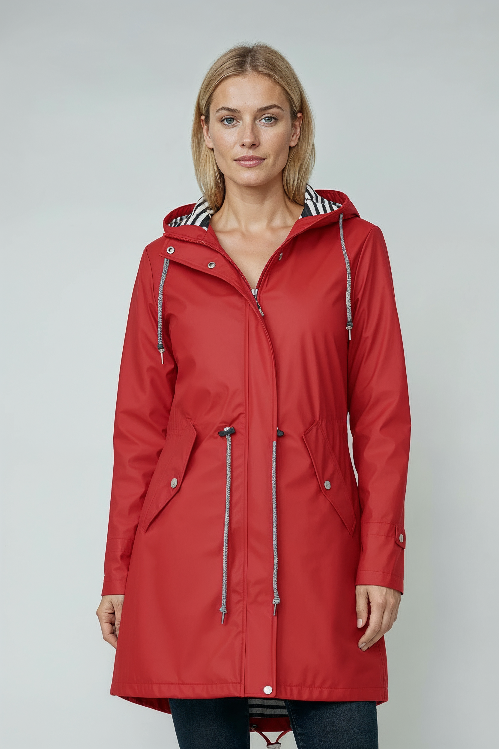 Lang Regnjakke Dame | Hætte & Lynlås - Rød 2.0