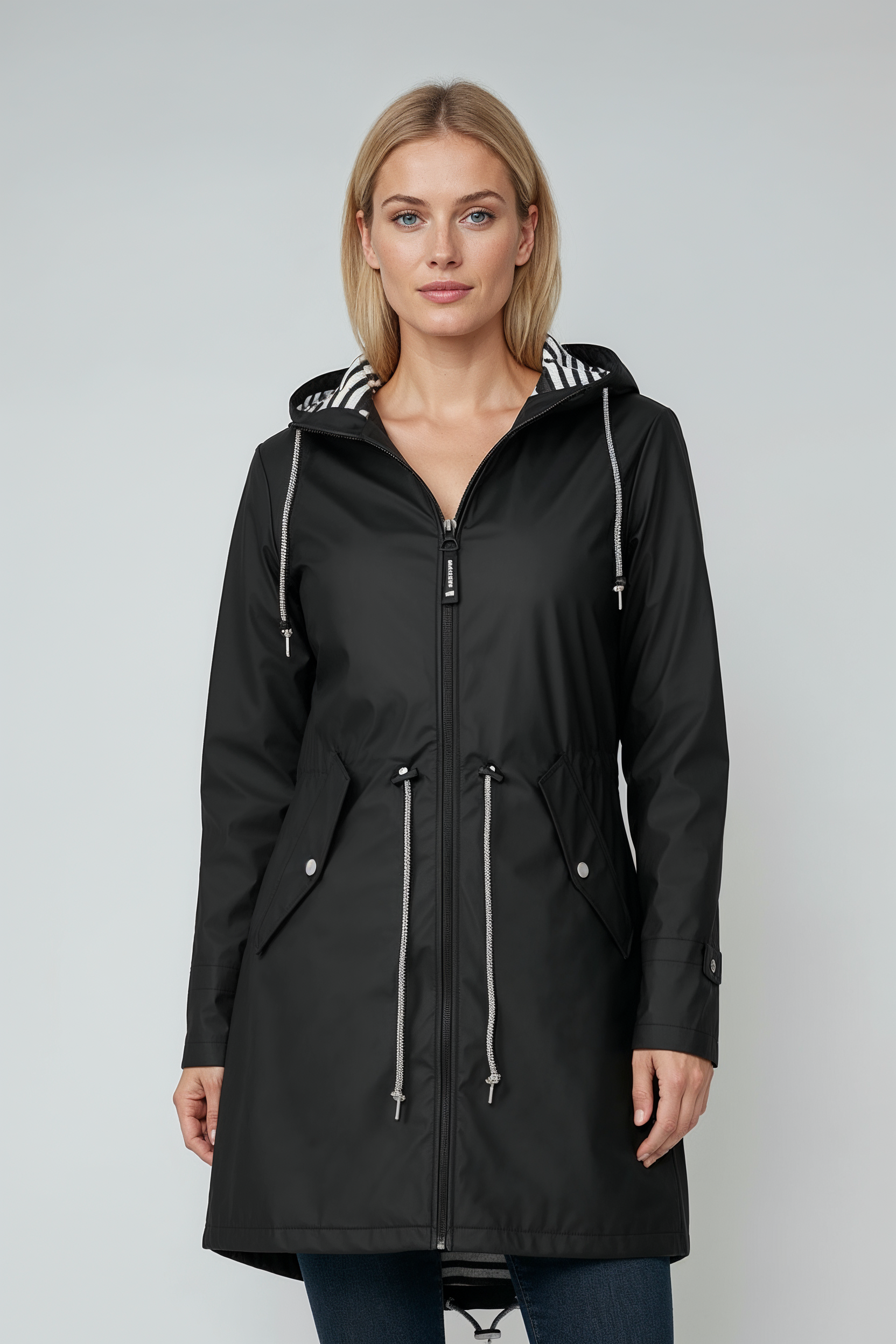 Lang Regnjakke Dame | Hætte & Lynlås - Sort