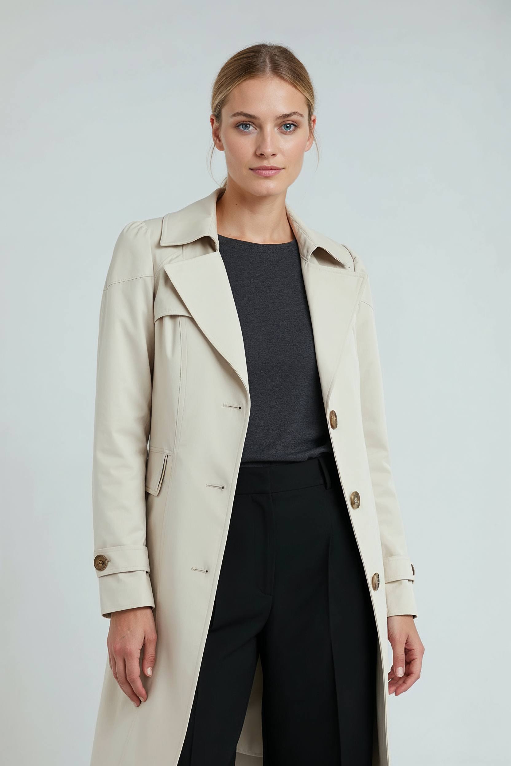 Lang Trenchcoat Dame | Knaplukning - Beige 1/0