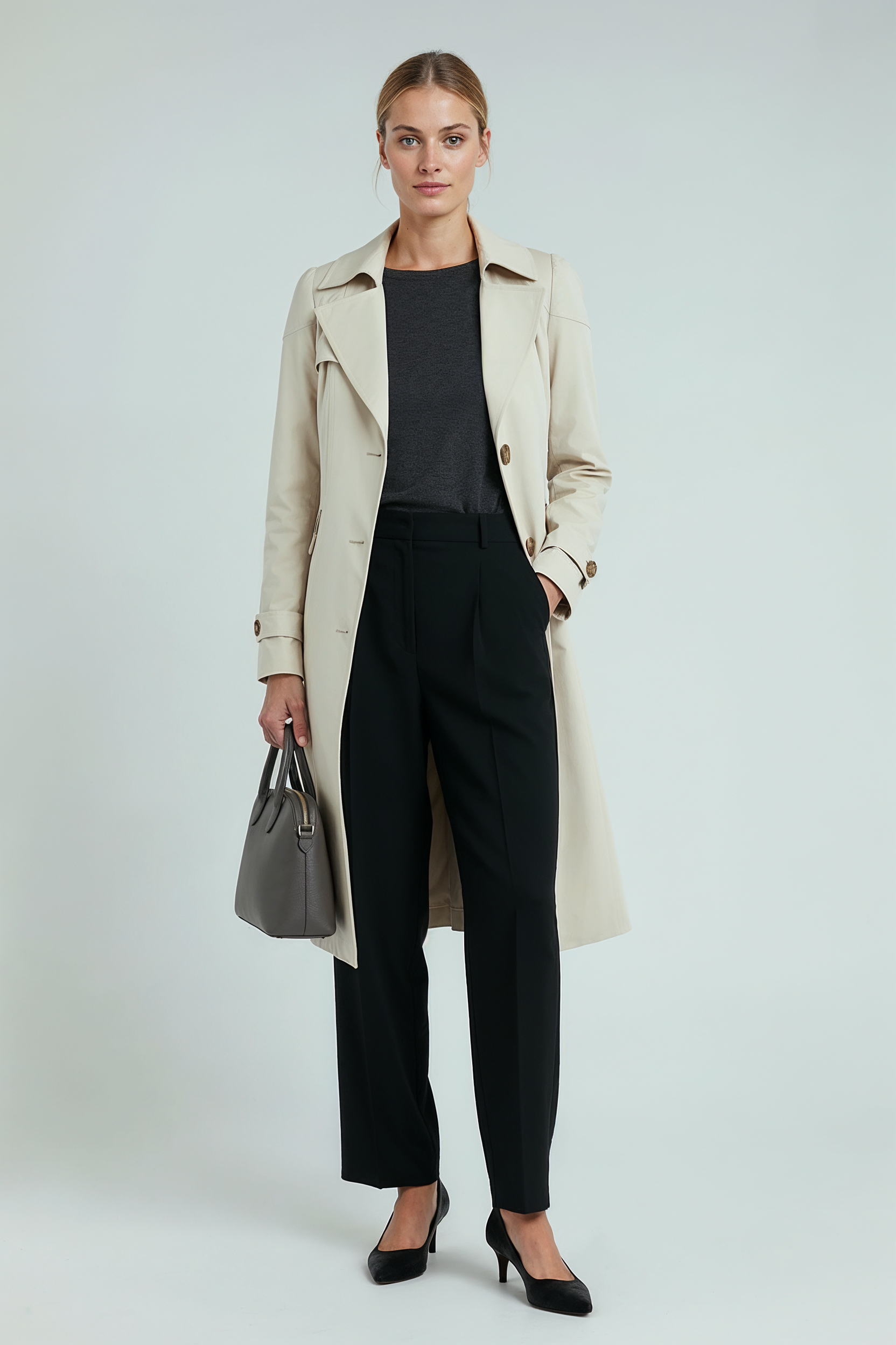 Lang Trenchcoat Dame | Knaplukning - Beige 2/0