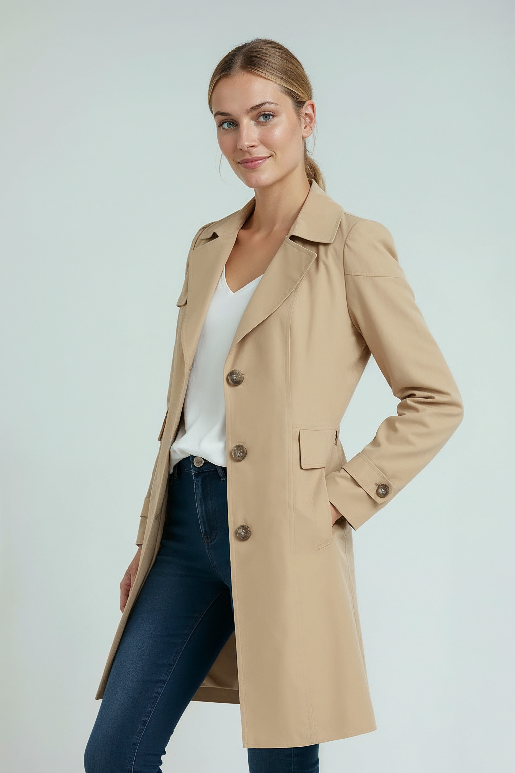Lang Trenchcoat Dame | Knaplukning - Khaki