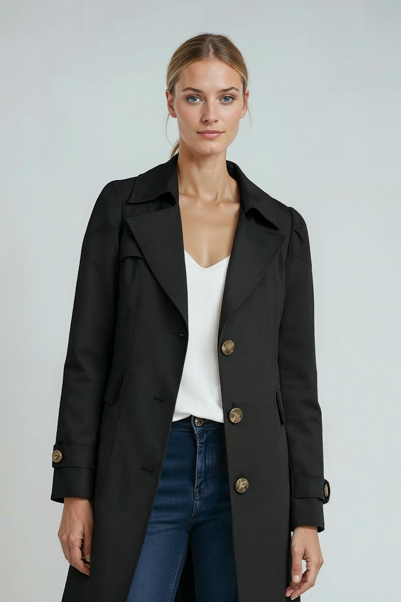 Lang Trenchcoat Dame | Knaplukning - Sort