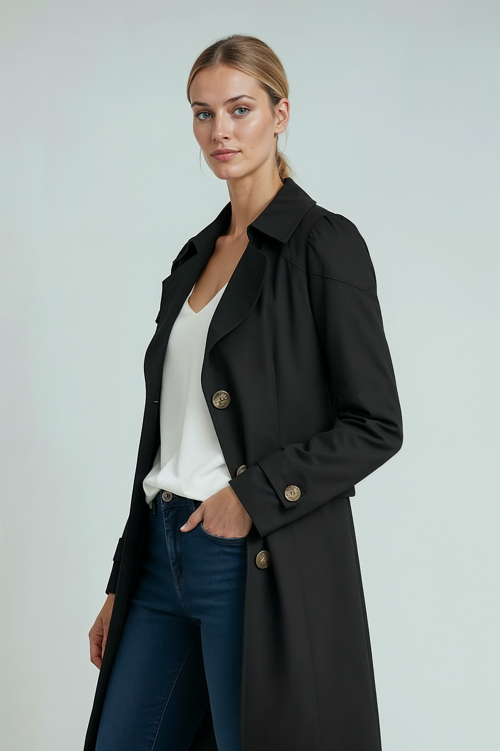 Lang Trenchcoat Dame | Knaplukning - Sort 2.0