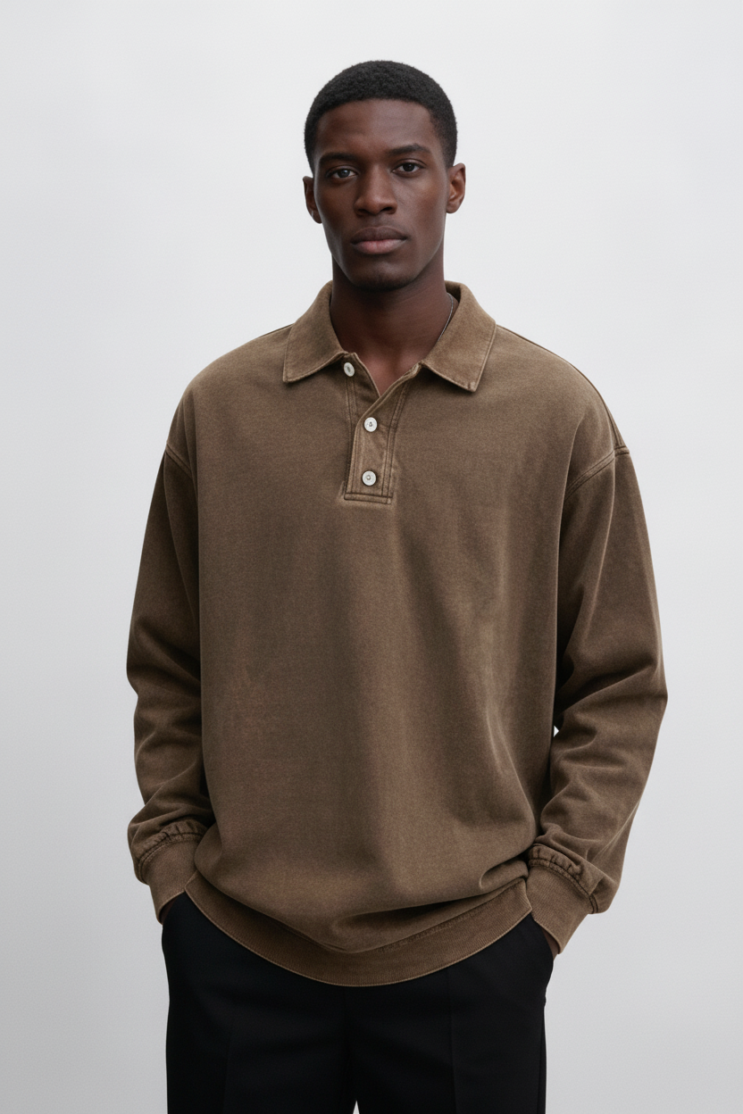 Langærmet Poloshirt Med Vasket Look - Brun 1.1