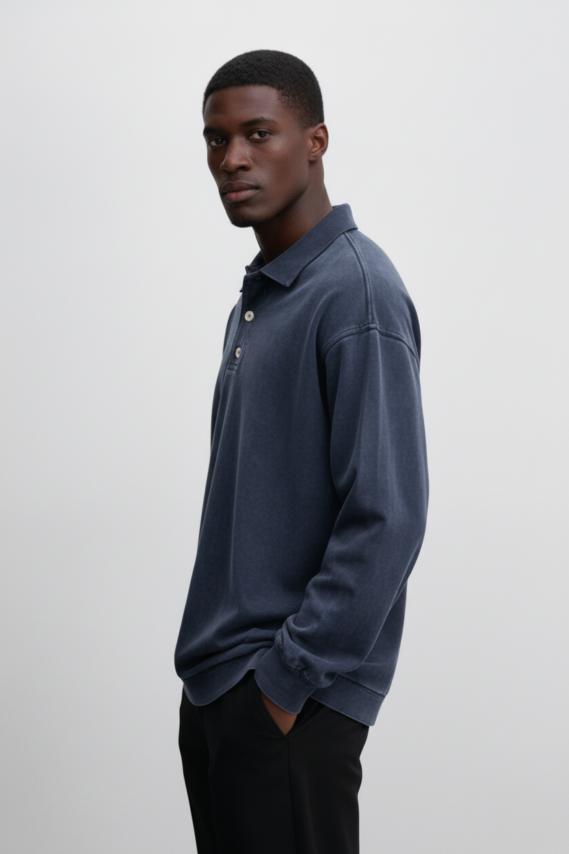 Langærmet Poloshirt Med Vasket Look - Mørkeblå 1.1