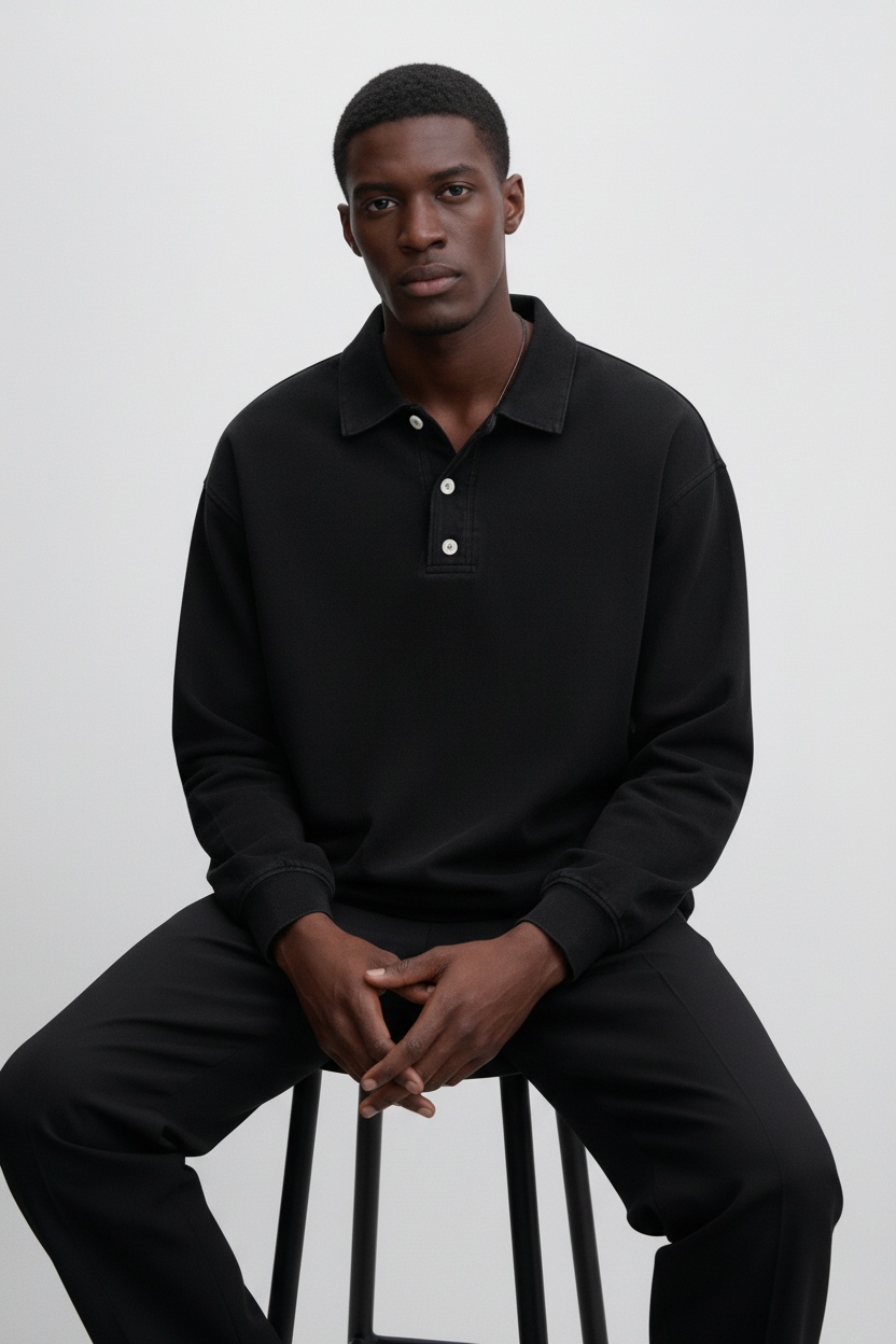 Langærmet Poloshirt Med Vasket Look - Sort 1.1