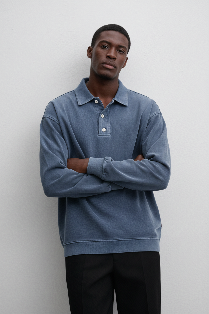 Langærmet Poloshirt Med Vasket Look - Støvet Mellemblå 1.1