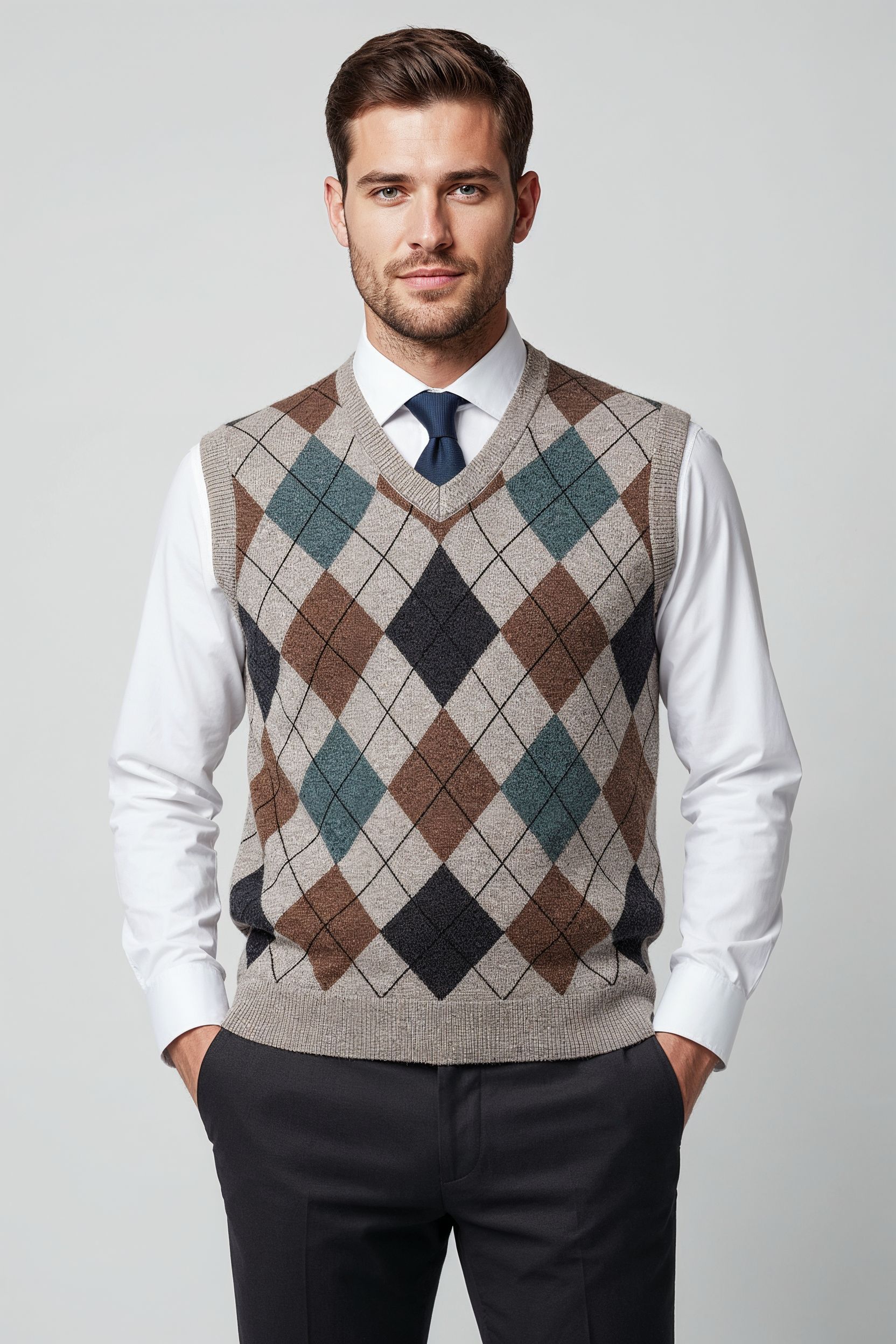 Mønstret Strik Vest Med V-Hals - Lysebeige 1.1