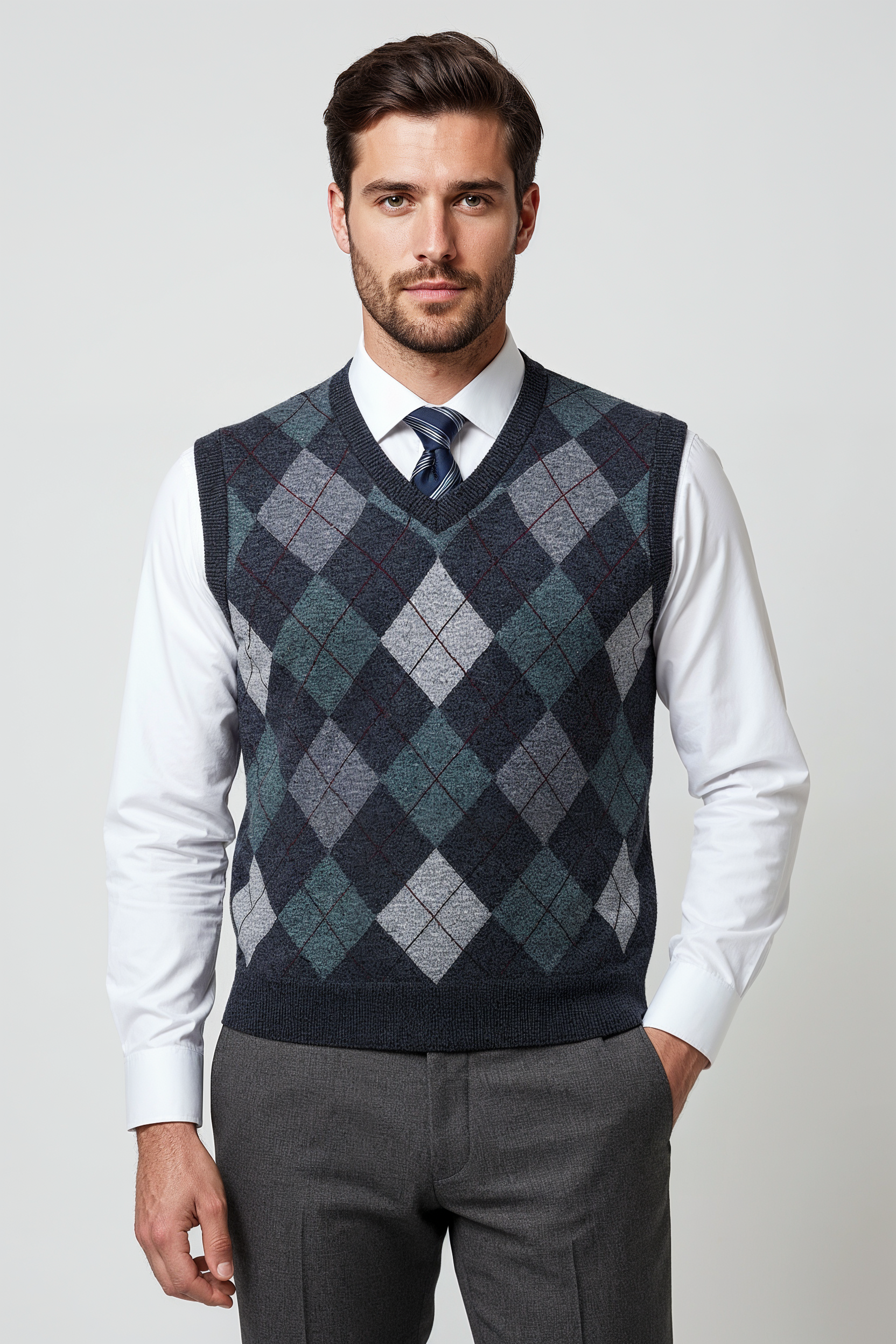 Mønstret Strik Vest Med V-Hals - Mørkegrå 1.1