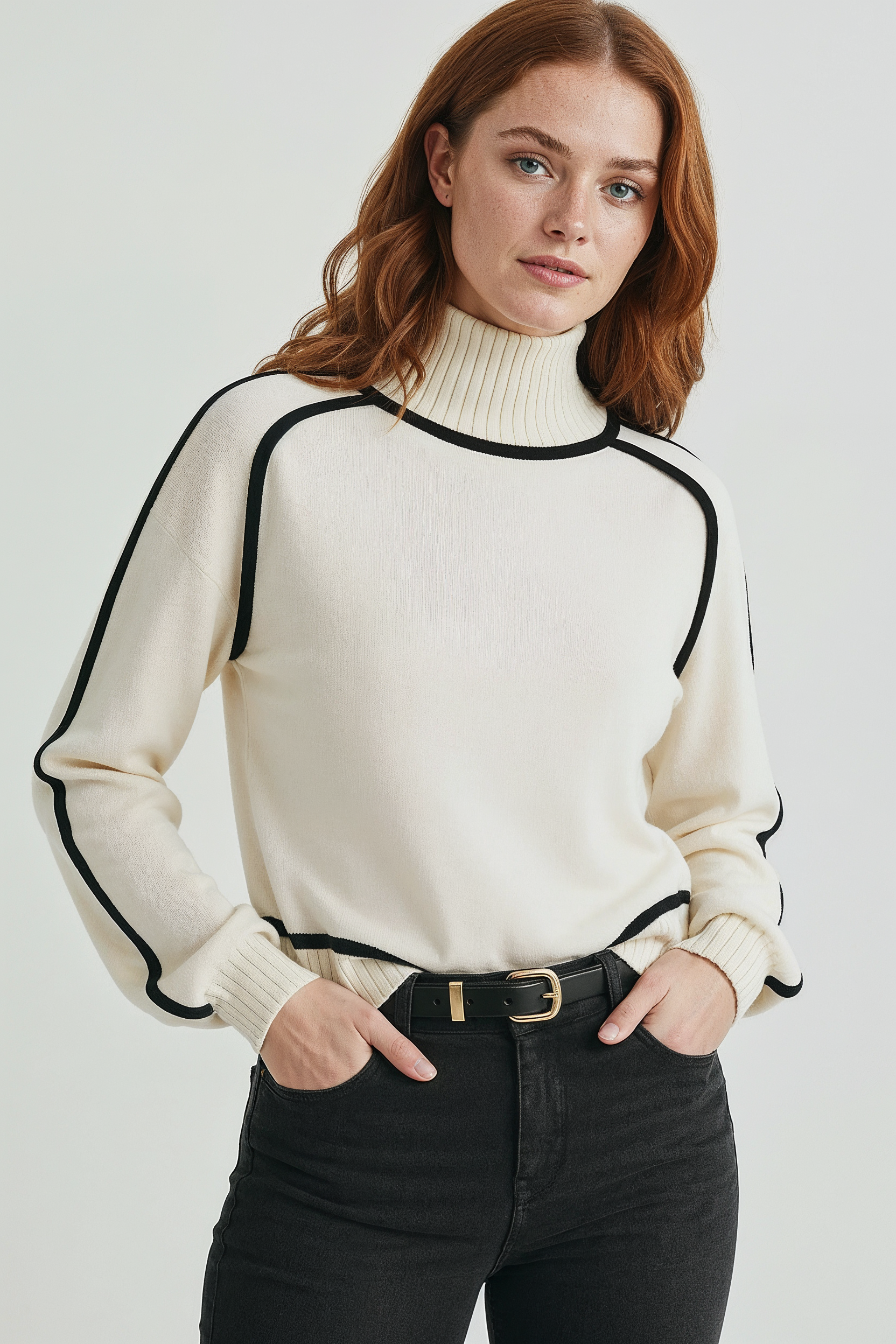 Oversized Sweater Med Kontrastsyninger - Knækket Hvid 1/0