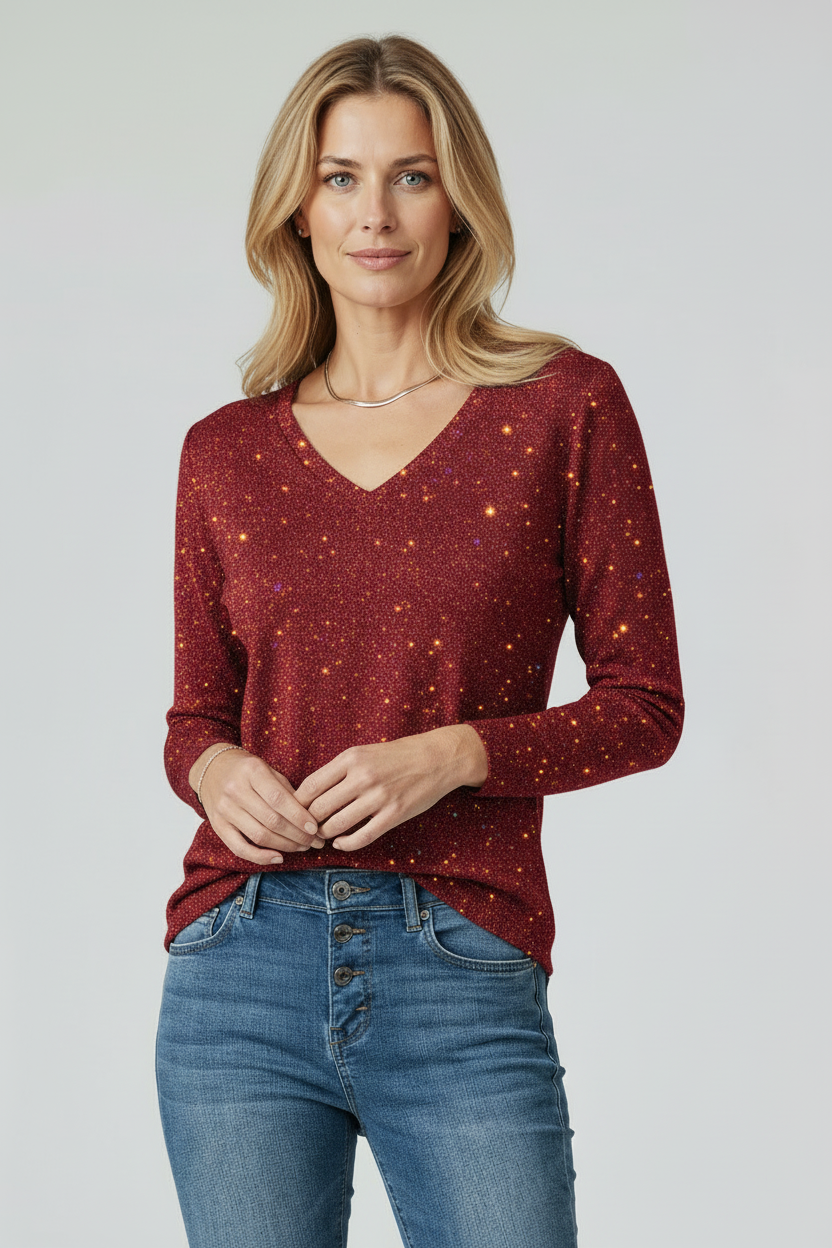 Pullover Dame | Glitrende med V-hals - Rød