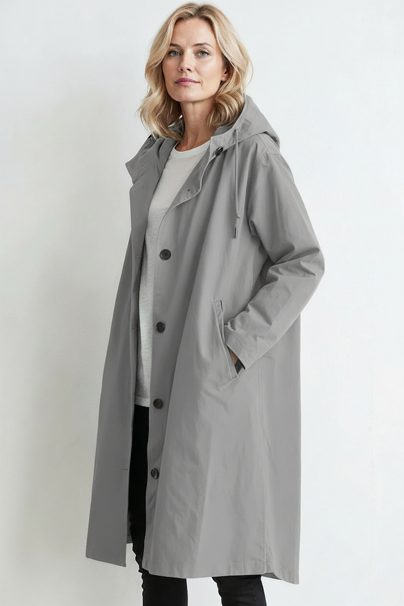 Regnjakke Dame | Lang med Hætte og Knapper - Grå