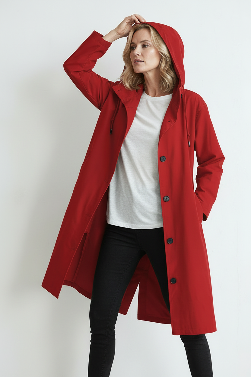 Regnjakke Dame | Lang med Hætte og Knapper - Rød