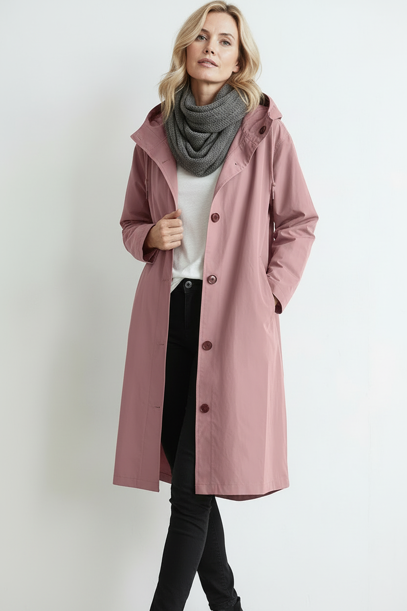 Regnjakke Dame | Lang med Hætte og Knapper - Rosa