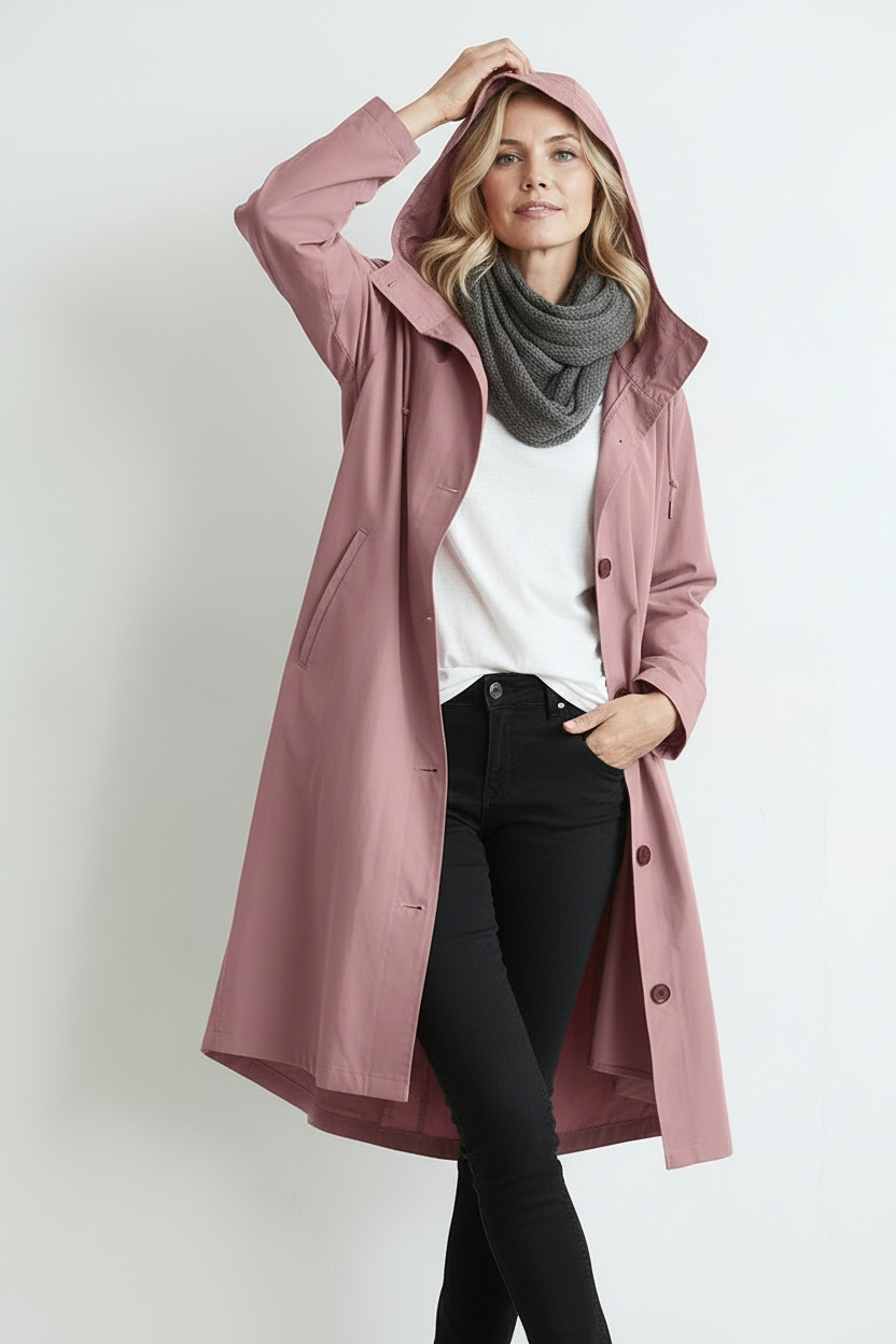 Regnjakke Dame | Lang med Hætte og Knapper - Rosa 2/0