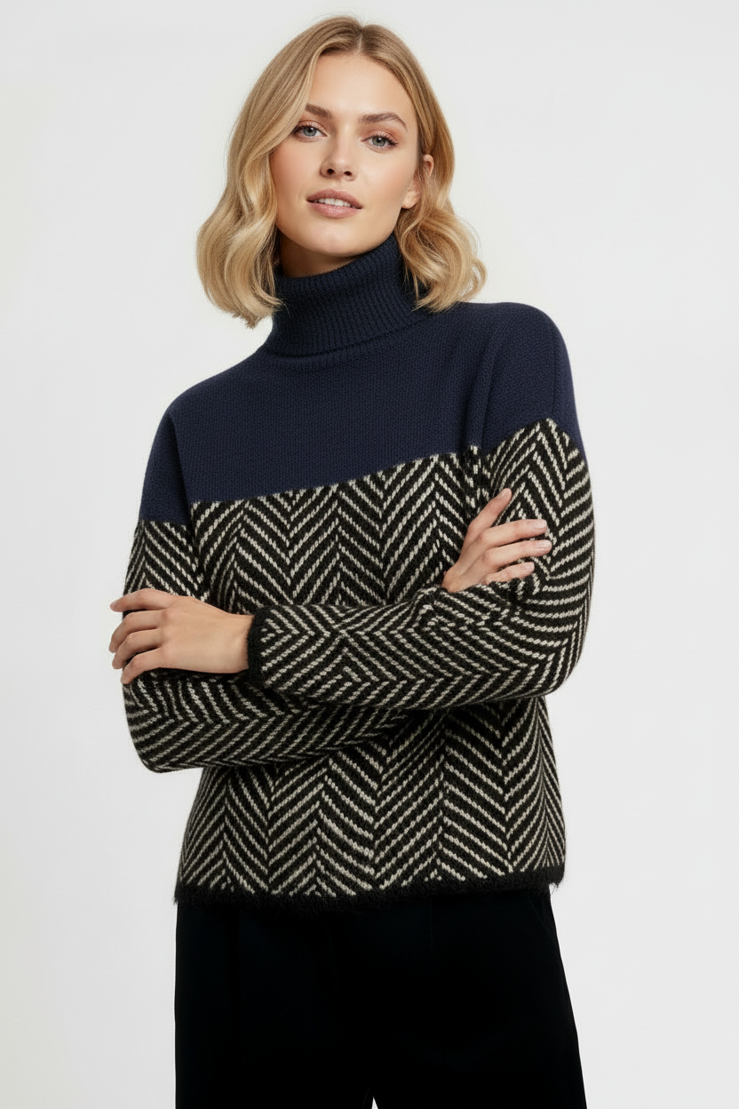 Rullekravesweater Med Sildebensstruktur - Dyb Blå 1-0