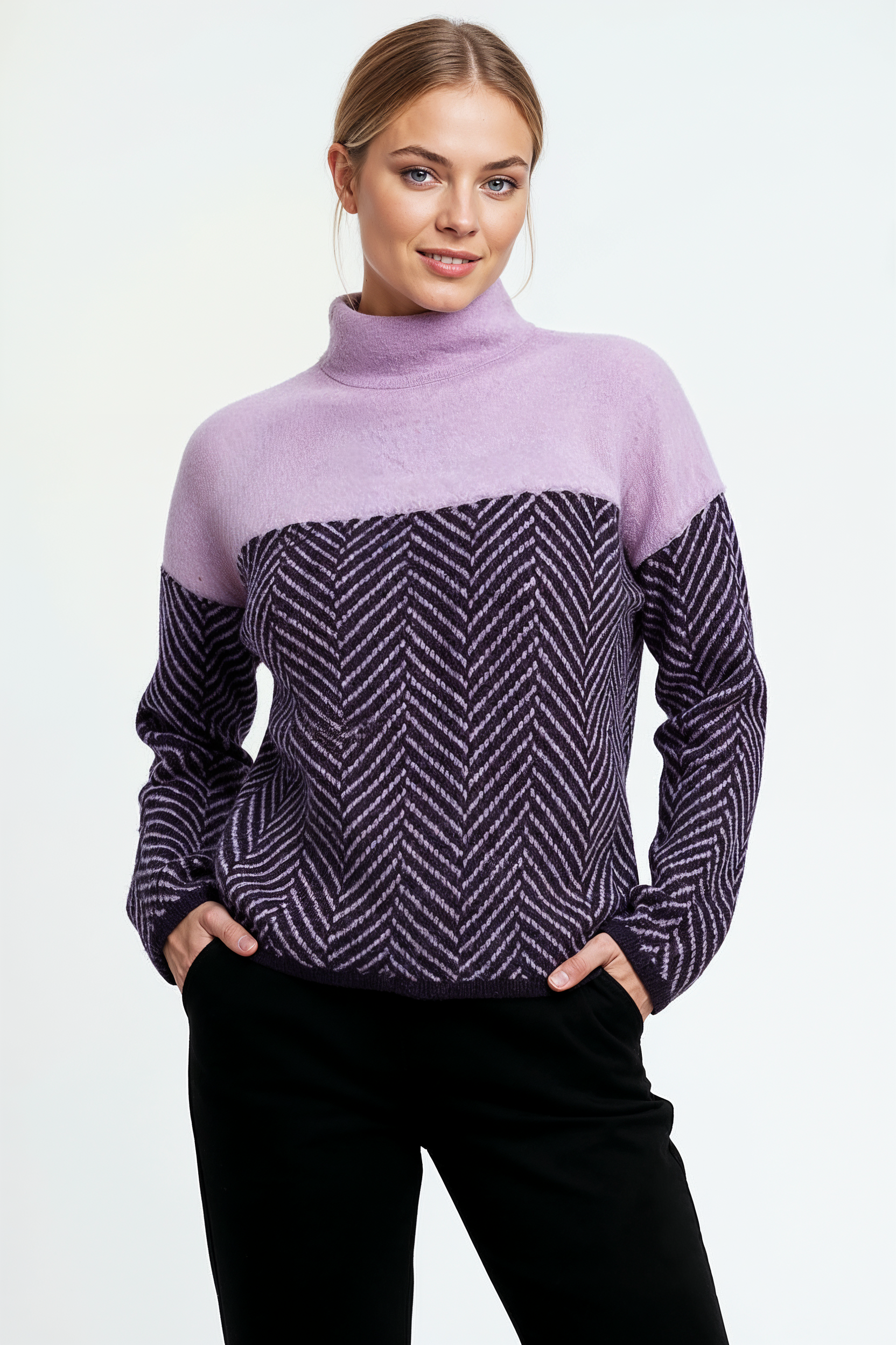 Rullekravesweater Med Sildebensstruktur - Lyselilla 2/0