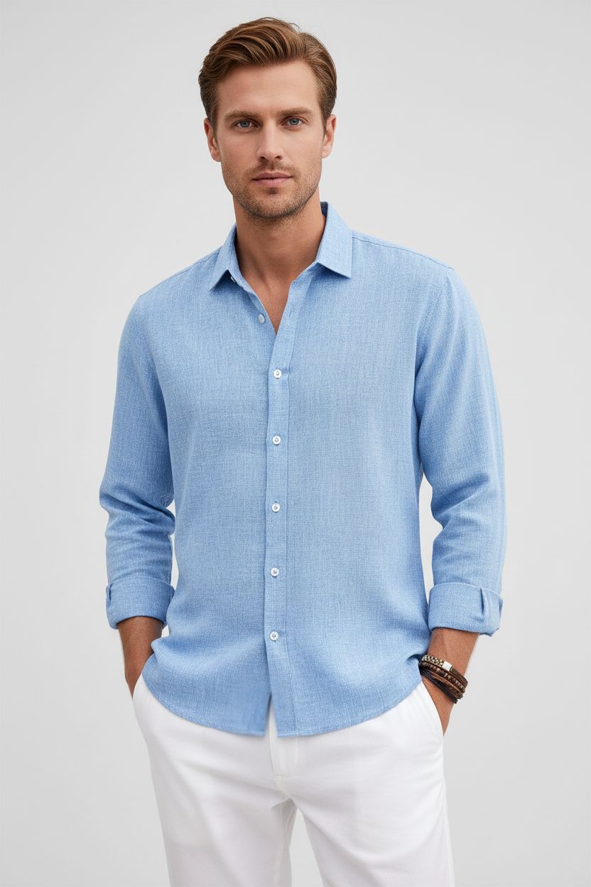 Skjorte Herre | Langærmet i Linned - Lyseblå 1.0