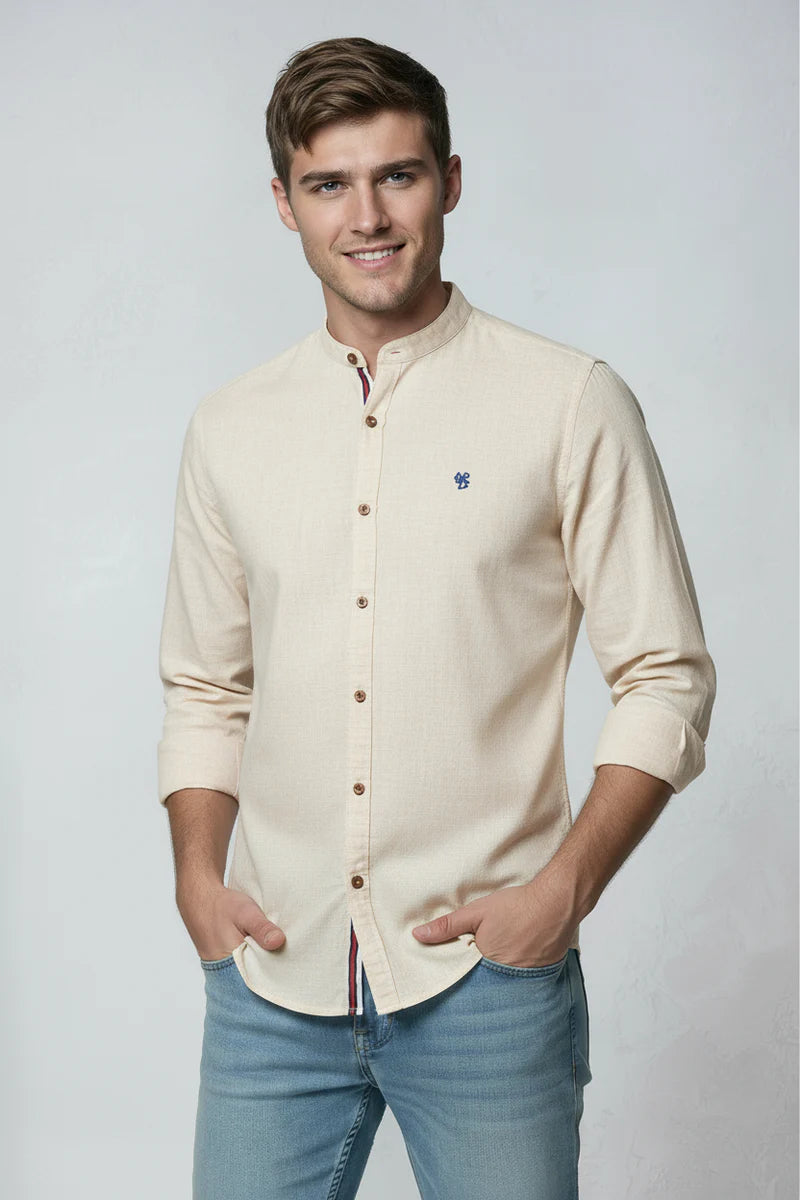 Skjorte Herre | Langærmet med Ståkrave - Beige 1.0
