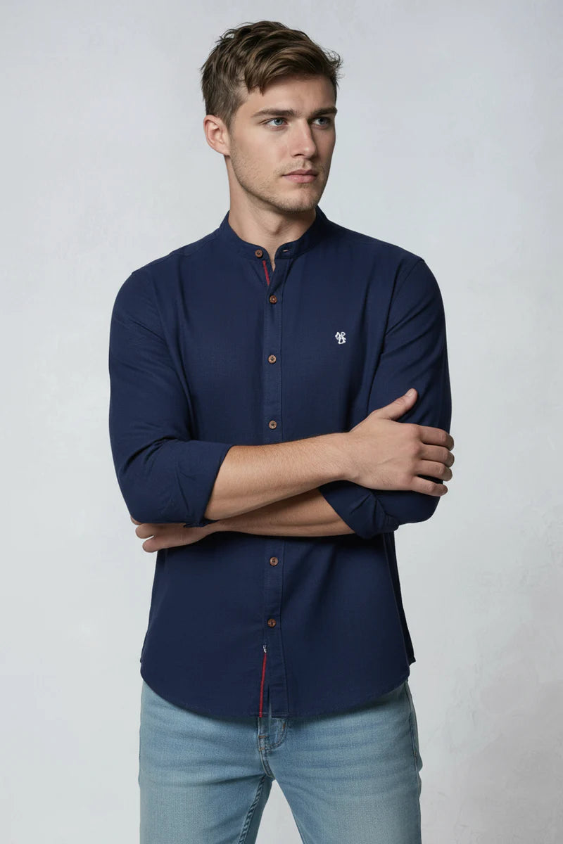 Skjorte Herre | Langærmet med Ståkrave - Marineblå 1.0