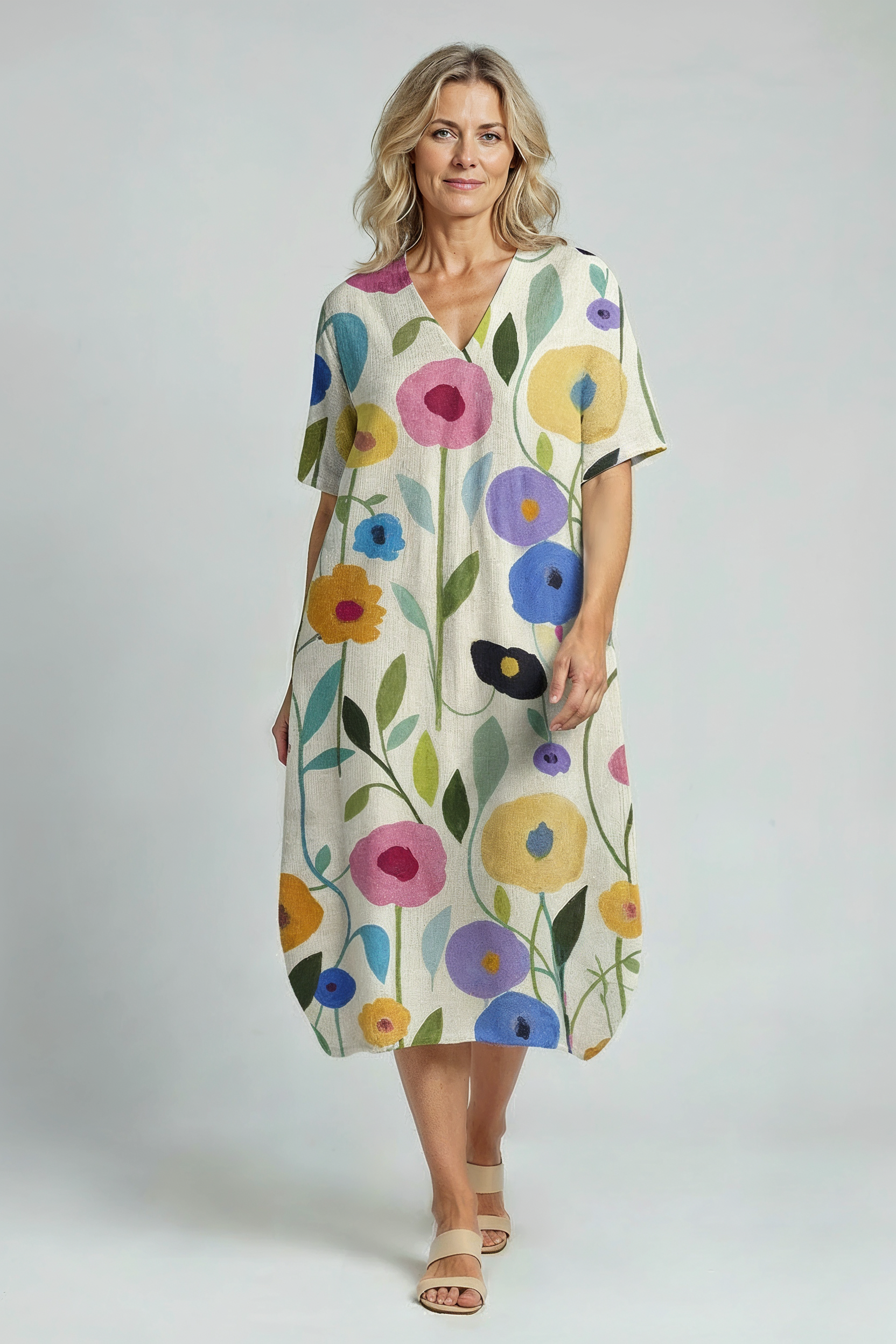 Sommerkjole Dame | Blomstret med V-hals - Farverig Blomsterprint 2/0