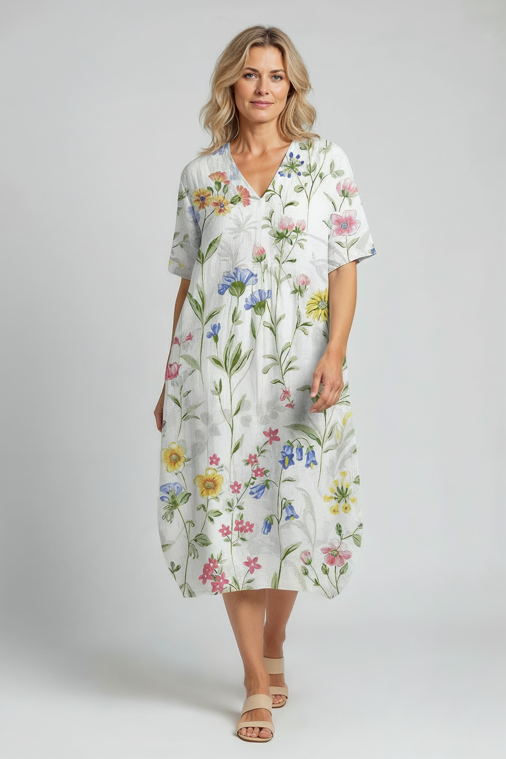 Sommerkjole Dame | Blomstret med V-hals - Lys Blomsterprint