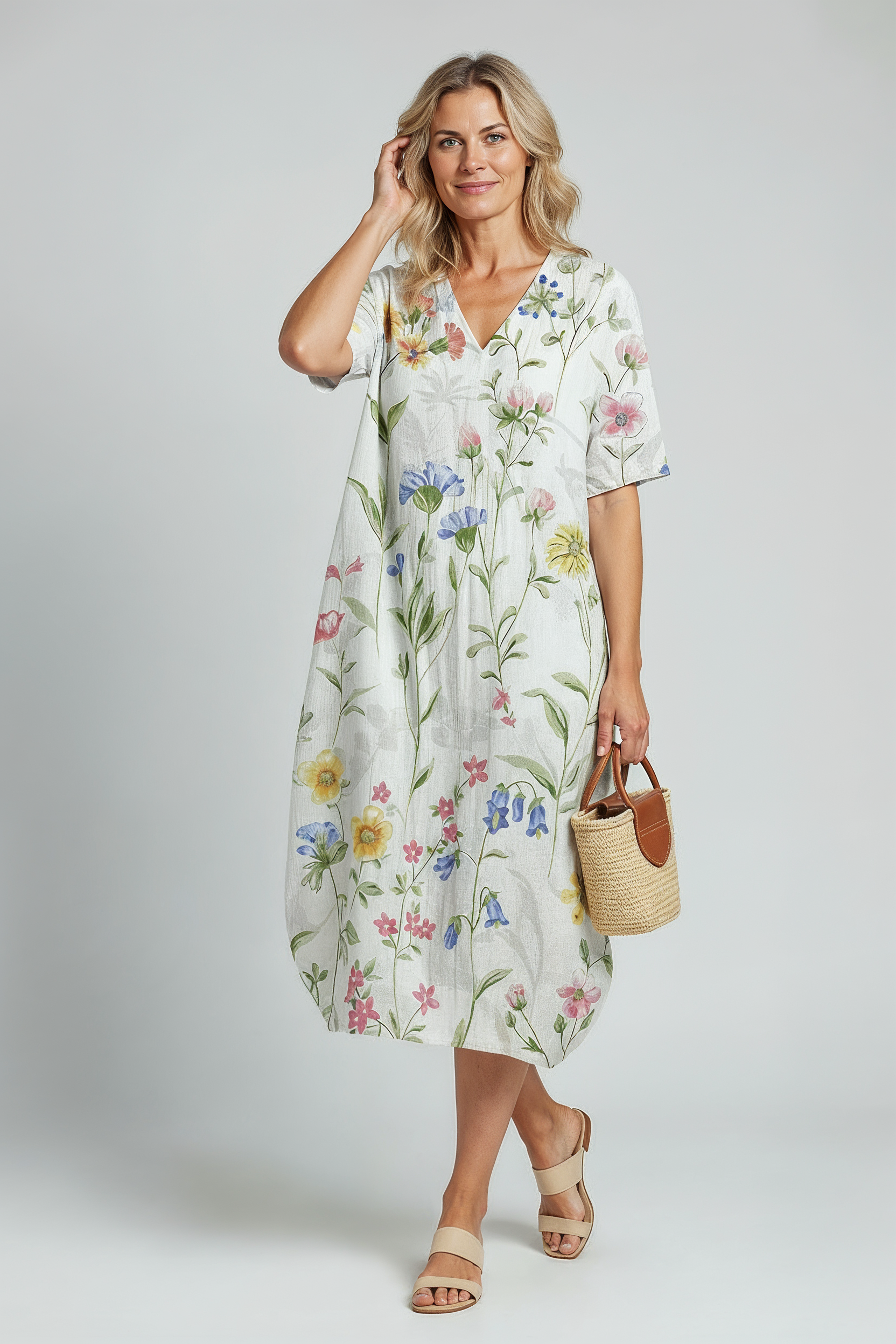 Sommerkjole Dame | Blomstret med V-hals - Lys Blomsterprint 2/0