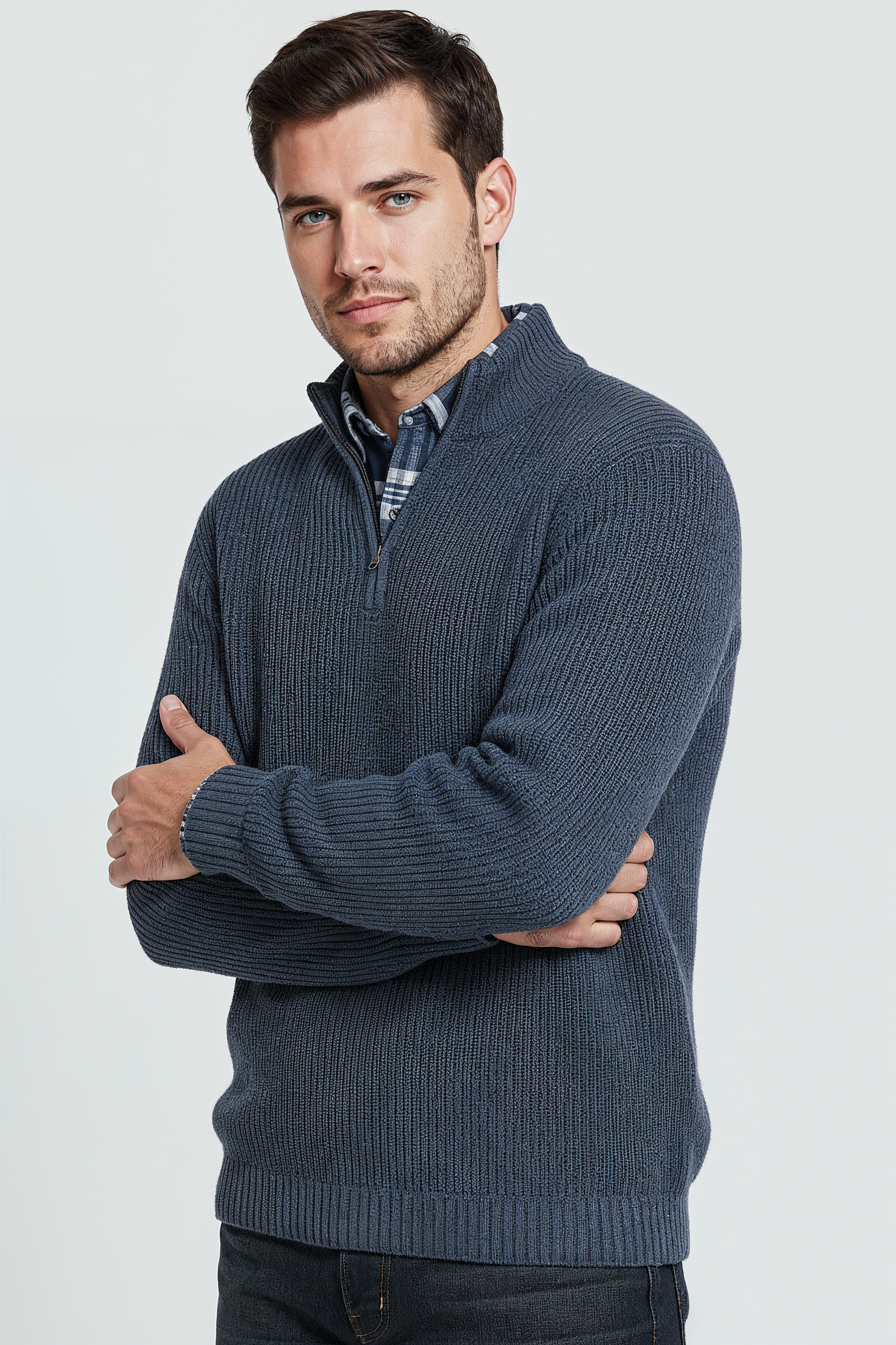 Striktrøje Med Half Zip - Støvet Blågrå 1.0